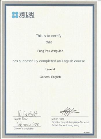 FONG PAK WING (joe sir) - 英國文化協會 level 4 general English certificate FONG PAK WING (joe sir) - 英國文化協會 level 4 general English certificate