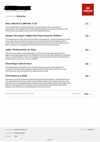 Christon - 學生成績：Performance Grade 3 Distinction
