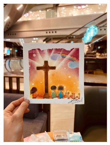 Kayan.Pastelarts - 《原創作品》正指導師審核作品之一: 創生
為了紀念嫲嫲爺爺和心愛的寵物??
上帝愛的語言是生命創造生命，希望那份愛可以延續下去✝️
主要色調:背景為橘紅色代表有能量(正面的開始)，十字架為木色代表堅固的，彩虹代表希望
*並沒有加AI??