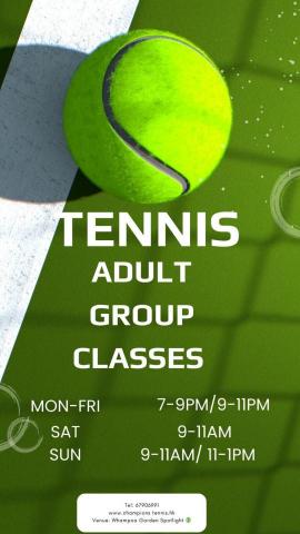Sam Lam - 香港網球成人小組
星期一至五   7-9/ 9-11pm
星期六          9-11am
星期日          9-11am/ 11-1pm
	
黃埔博藝會4M
	
Tel: 69706991