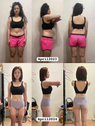 Kristel  - 客人Florence配合重量訓練+飲食餐單
一年減脂成果
由4/2023 70kg
減至4/2024 58kg