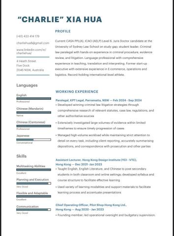 Charlie Hua - CV - page 1