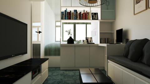 Evan Wong - 本渲染效果圖採用SketchUp和Vray工具製作，展現了一個光線充足的現代客廳。整個空間設計簡潔而具有現代感，配備了白色的儲物櫃和深色大理石紋理的電視台，窗户旁設有一個舒適的休息區，配以灰色靠墊。房間的佈局和色彩搭配體現了極簡主義的美學，突出了自然光的引入和室內的寬敞感。牆面上的裝飾畫和書架上的書籍增添了文化和個人化的觸感，使這個空間不僅僅是功能性的居住場所，也是一個放鬆和享受生活的環境。