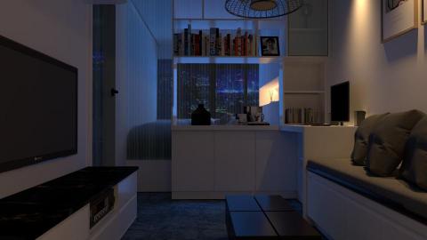 Evan Wong - 在這張由SketchUp和Vray工具渲染的效果圖中，展示了一個現代客廳在夜晚的寧靜氛圍。整個房間通過柔和的間接照明和窗外城市的燈光，創造了一個温馨舒適的休息空間。深色的傢俱和白色的牆壁在夜幕下形成了鮮明的對比，增添了空間的深度和層次感。窗户外的霓虹燈光與室內的柔和燈光相輝映，為這個室內設計增添了一抹都市感。設計中巧妙地利用光影和材質，有效地展現了空間在夜間的使用功能與美感。