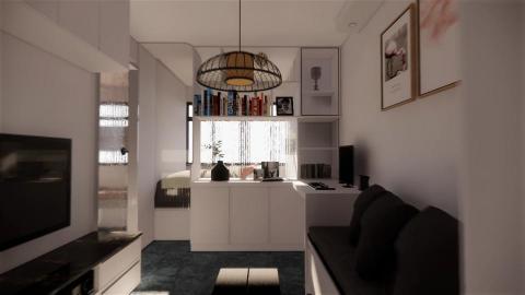 Evan Wong - 這張用SketchUp和Enscape渲染的客廳效果圖中，充滿自然光的空間呈現出温馨而宜居的氛圍。設計中巧妙地利用了簡潔的色調與材料，白色的儲物櫃和壁架與黑色的電視台和沙發形成了鮮明的對比，增加了空間的視覺深度。透過窗簾濾入的柔和日光為整個房間增添了温暖的光影效果。客廳的中心懸掛着一個大型燈籠式吊燈，為整體設計增添了一抹藝術氣息。這種設計展示瞭如何通過精確的光線管理和空間佈局，創造一個既實用又美感