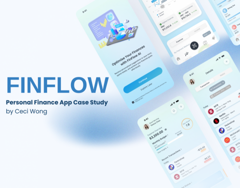 Ceci Wong - FinFlow 是一款個人理財應用程式，透過 AI 協助用戶聰明地規劃收支與預算。功能包含即時交易追蹤、支出分類、財務目標進度檢視及個人化理財建議，協助用戶建立更健康的財務習慣。整體設計風格以現代清新為主，介面簡潔直觀，提升理財效率並減少財務管理壓力。