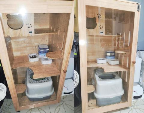 靜潔工坊 SilentPure Studio - 貓屋玻璃門原本佈滿灰塵同污漬，令櫃內模糊唔清，影響美觀。經過細心清潔後，已變得乾淨透亮，整個貓櫃煥然一新。
