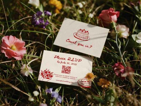 Justin, INRASSION - 手繪復古優雅的結婚REVP卡片設計，以手繪蛋糕及花束營造優美愉悅的婚禮氛圍