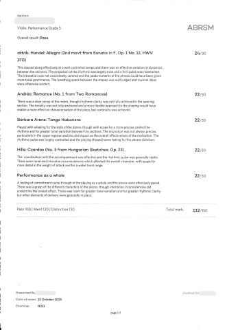 Vincent Tsoi - 5級小提琴ABRSM Performance Grade 5 成績
Pass in ABRSM Violin Performance Grade 5 examination