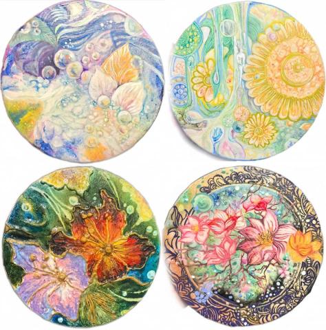 Violet Orchid - 春-霓裳
夏-花影
秋-金露
冬-雪梅
Spring - Nishang 
Summer - Flower Shadow
 Autumn - Golden Dew 
Winter - Snow Plum Flower
此為畫板上的粉彩四聯畫