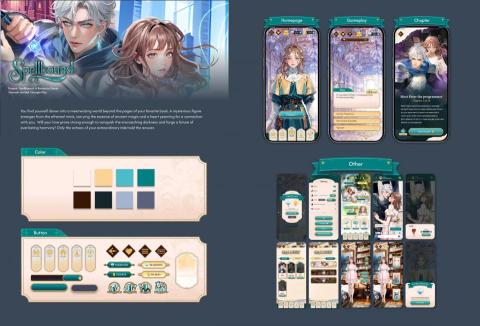 SeriaP - Spellbound是我在過去遊戲公司的愛情故事的遊戲作品，而我負責UI的設計。風格是柔和奇幻插畫風與古典繪本，搭配柔和湛藍與暖金色系，淡雅紋理與柔光處理，營造夢幻且優雅的互動體驗。