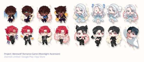 SeriaP - 此系列為戀愛故事遊戲《Moonlight Ascension》繪製的角色表情與情緒姿勢包，涵蓋多位主線角色的常用情緒（喜、怒、哀、驚、撒嬌等），並搭配花瓣背景與柔和陰影強化立體感。風格採用 Q 漫線條與高對比色塊，適合用於聊天泡泡、貼圖、獎勵收集頁面與宣傳素材。