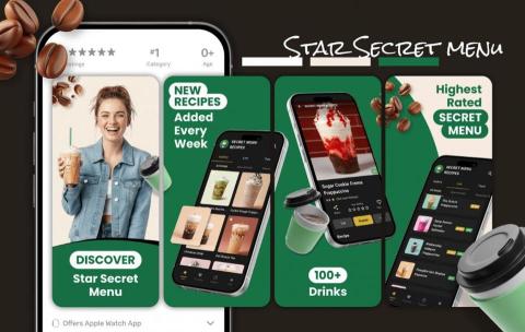 SeriaP - 這組為 Star Secret Menu 探索咖啡廳的隱藏菜單，從經典到創意口味一次收藏。截圖設計的目標在於以強烈品牌識別與直觀資訊層次提高點擊與下載轉換。視覺上採用品牌綠與咖啡棕為主色，搭配真實飲品攝影與 3D 様機呈現，讓縮圖即具吸引力。每張截圖保留短標語與簡短說明，確保潛在用戶能在短時間內理解主要功能與賣點。