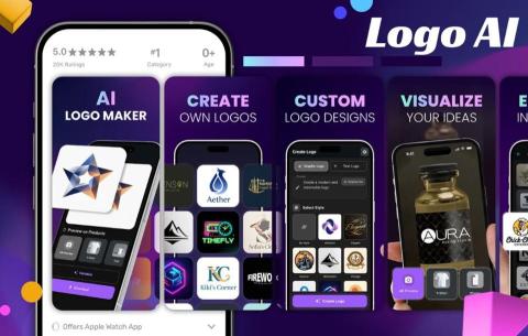 SeriaP - MogMax是一個人工智慧分析App，會分析圖片並給使用者的臉部定下分數。使用者每天都能跟從運動訓練，追蹤個人進步。本截圖以行銷轉換為目標，將複雜功能簡化為三到五個核心訊息：掃描（Scan）、分析（Analyze）、練習（Exercise）與成果（Progress）視覺上採用科技感強烈的深紫 / 電光藍配色，並用立體樣機、光暈與投影製造專業感，強化視覺節奏。