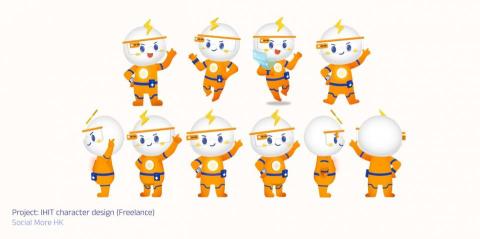 SeriaP - 本專案為 Social More HK 提供 IHIT 角色設計，以活潑的橘色系與雷電造型元素塑造品牌記憶點。角色採圓潤造型與簡化面部表情，便於在不同表情與動作間快速切換；同時設計多角度視圖（正側背）與多組姿勢，方便後續插畫、動畫與 UI 應用延展。