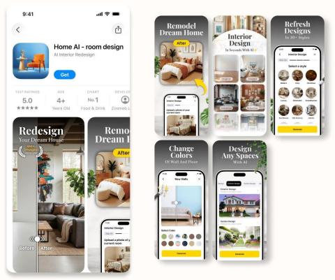SeriaP - Home AI - Room Design 是一個AI 室內改造的App，一鍵生成全新風格。目標在於用最短的視覺路徑說明產品核心流程：拍照上傳 &rarr; 選風格 &rarr; 生成設計 &rarr; 比對前後。視覺主色採用溫暖米色與淺灰，搭配大幅前後對比圖與手機樣機，強化「改造效果可視化」。每張截圖以清晰標題與簡短說明，讓潛在用戶在三秒內理解功能並被引導下載。